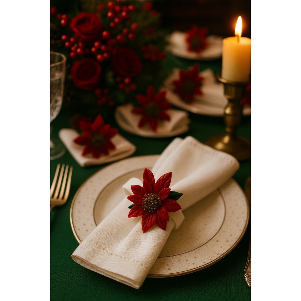 VTG Set of‎ 5 Poinsettia Napkin Rings Red Christmas Flower Holiday Table Decor